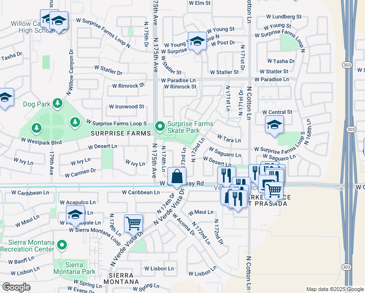 map of restaurants, bars, coffee shops, grocery stores, and more near 17313 West Saguaro Lane in Surprise