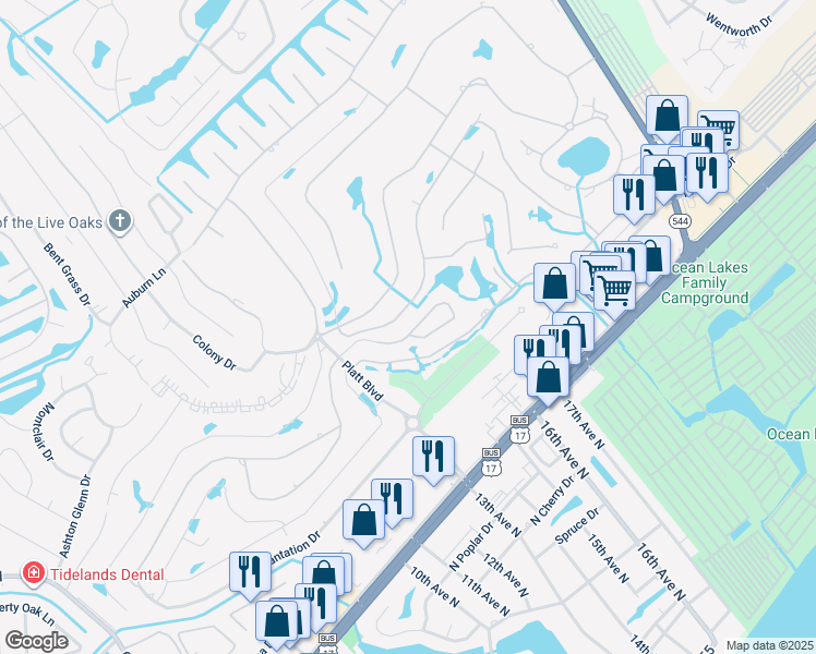 map of restaurants, bars, coffee shops, grocery stores, and more near 100 Deer Creek Road in Surfside Beach