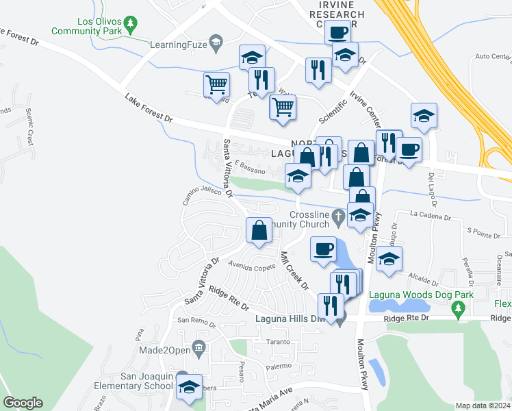 map of restaurants, bars, coffee shops, grocery stores, and more near 22446 Caminito Grande in Laguna Hills