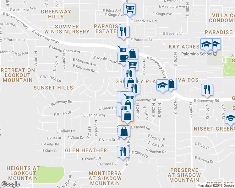 map of restaurants, bars, coffee shops, grocery stores, and more near 15416 North 23rd Place in Phoenix
