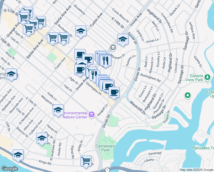 map of restaurants, bars, coffee shops, grocery stores, and more near 1800 Westcliff Drive in Newport Beach
