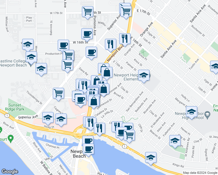 map of restaurants, bars, coffee shops, grocery stores, and more near 3207 Broad Street in Newport Beach