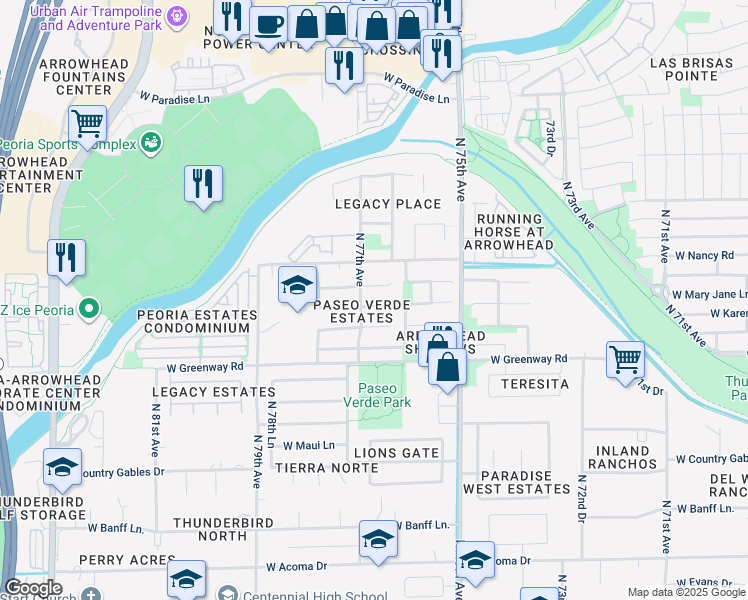 map of restaurants, bars, coffee shops, grocery stores, and more near 7688 West Mary Jane Lane in Peoria