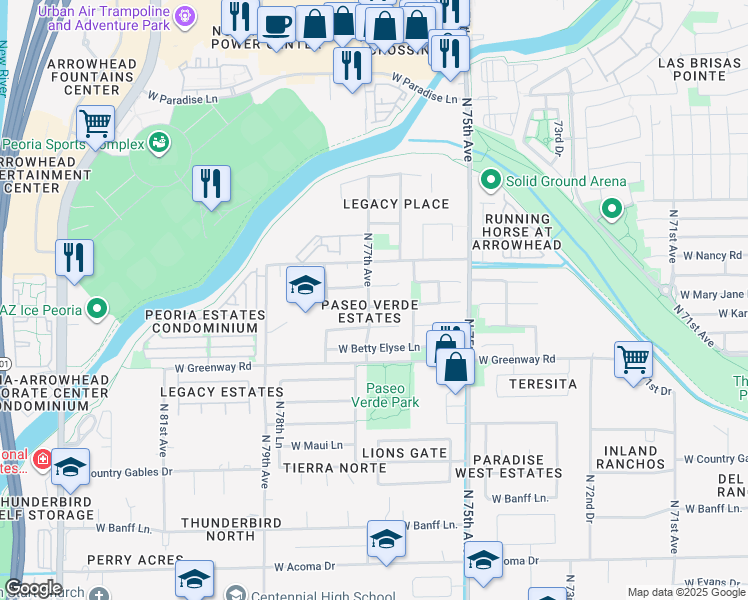 map of restaurants, bars, coffee shops, grocery stores, and more near 7688 West Mary Jane Lane in Peoria