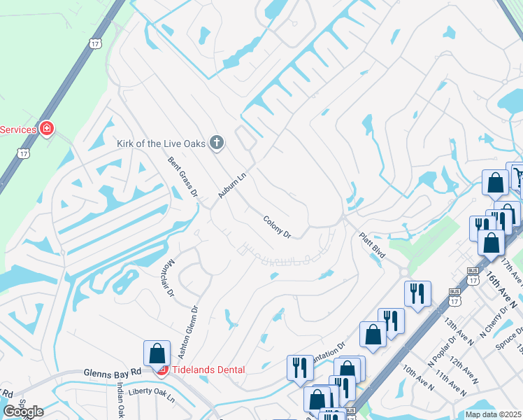 map of restaurants, bars, coffee shops, grocery stores, and more near 11 Colony Drive in Myrtle Beach