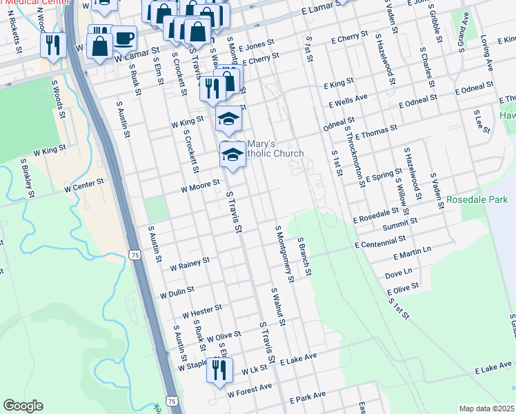 map of restaurants, bars, coffee shops, grocery stores, and more near 1013 South Walnut Street in Sherman