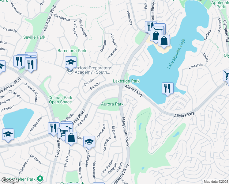map of restaurants, bars, coffee shops, grocery stores, and more near 27452 Vía Olmo in Mission Viejo