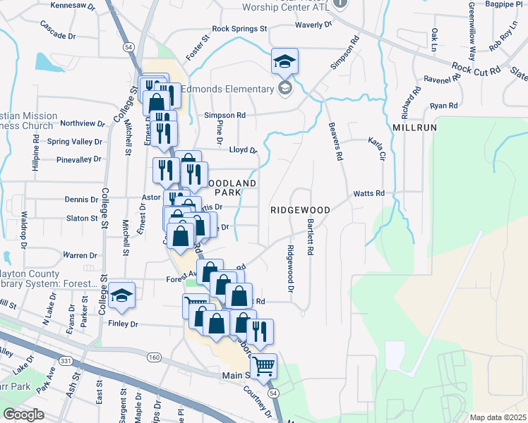 map of restaurants, bars, coffee shops, grocery stores, and more near 1230 Lloyd Drive in Forest Park