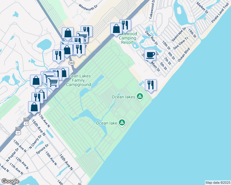 map of restaurants, bars, coffee shops, grocery stores, and more near N-16 Salt Works Drive in Myrtle Beach