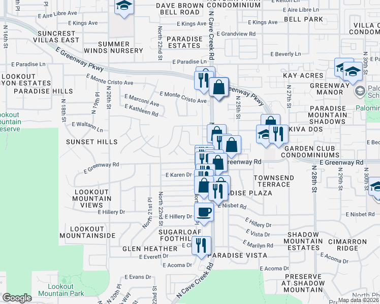 map of restaurants, bars, coffee shops, grocery stores, and more near 2320 East Beck Lane in Phoenix