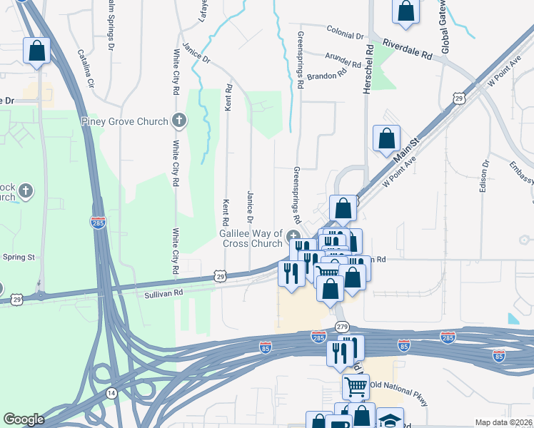 map of restaurants, bars, coffee shops, grocery stores, and more near 4725 Winthrop Dr in College Park