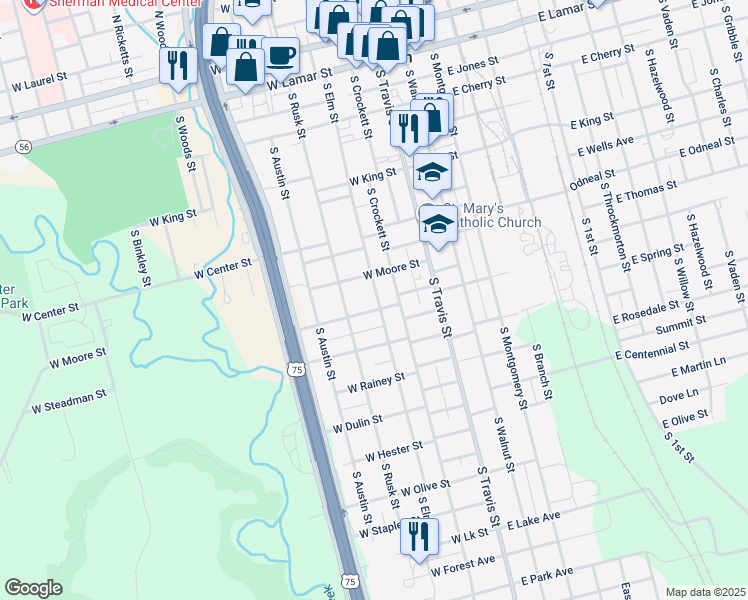 map of restaurants, bars, coffee shops, grocery stores, and more near 303 West Steadman Street in Sherman