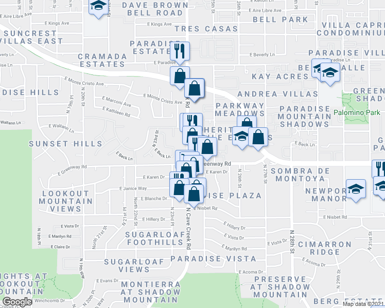 map of restaurants, bars, coffee shops, grocery stores, and more near 15417 North Cave Creek Road in Phoenix