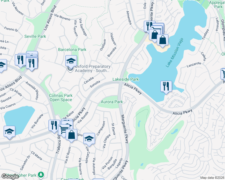 map of restaurants, bars, coffee shops, grocery stores, and more near 27452 Vía Olmo in Mission Viejo