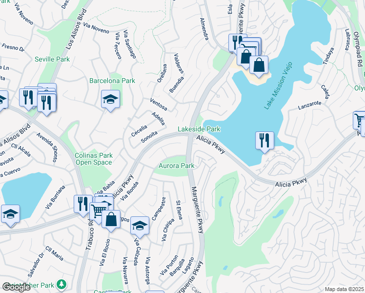 map of restaurants, bars, coffee shops, grocery stores, and more near 27472 Vía Olmo in Mission Viejo