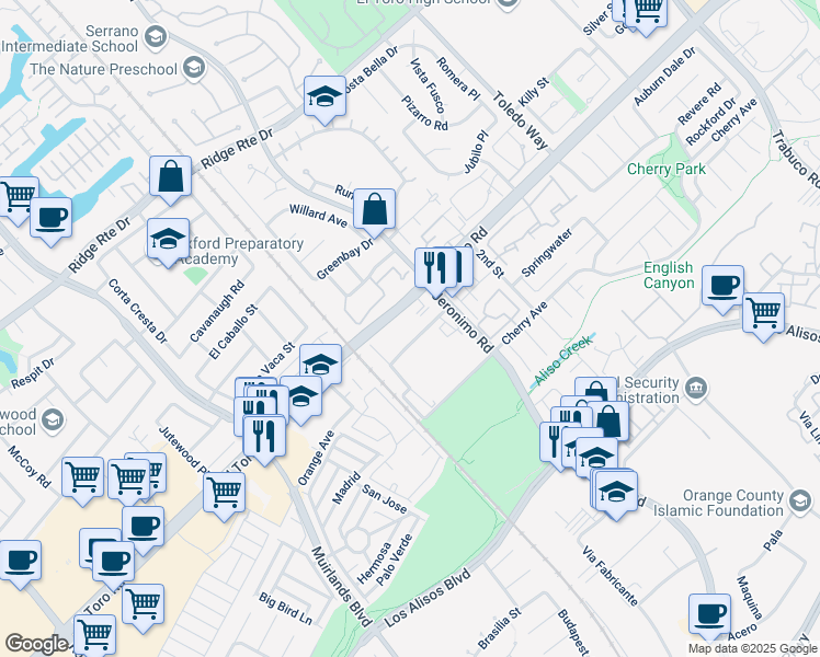 map of restaurants, bars, coffee shops, grocery stores, and more near 23121 Orange Avenue in Lake Forest