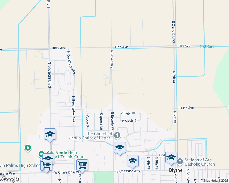 map of restaurants, bars, coffee shops, grocery stores, and more near 1006 North Broadway in Blythe
