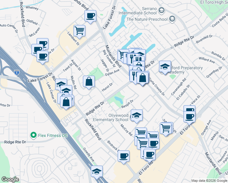 map of restaurants, bars, coffee shops, grocery stores, and more near 24182 Fortune Drive in Lake Forest