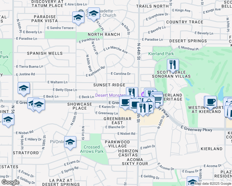 map of restaurants, bars, coffee shops, grocery stores, and more near 6225 East Betty Elyse Lane in Scottsdale