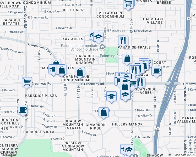 map of restaurants, bars, coffee shops, grocery stores, and more near 2950 East Greenway Road in Phoenix