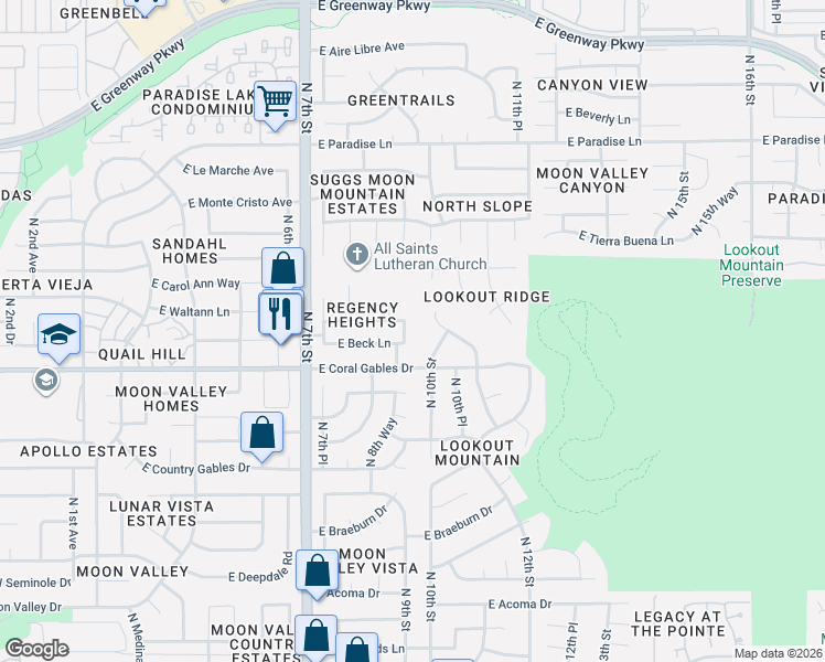 map of restaurants, bars, coffee shops, grocery stores, and more near 925 East Waltann Lane in Phoenix