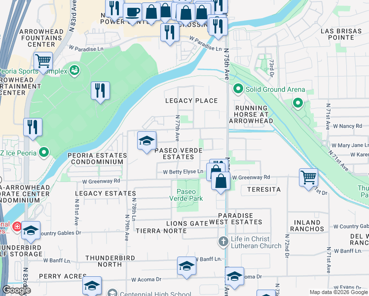map of restaurants, bars, coffee shops, grocery stores, and more near 7688 West Mary Jane Lane in Peoria