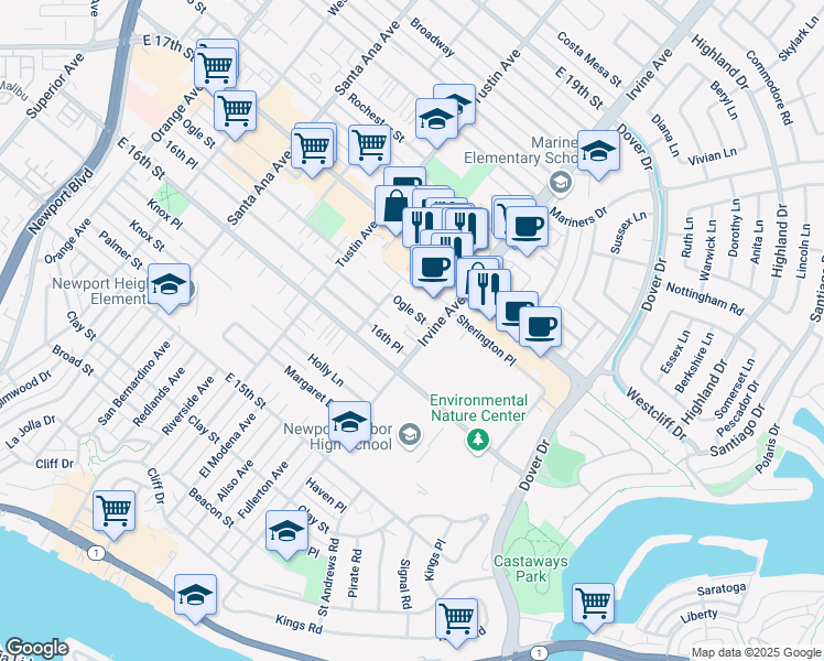 map of restaurants, bars, coffee shops, grocery stores, and more near 493 Ogle Street in Costa Mesa