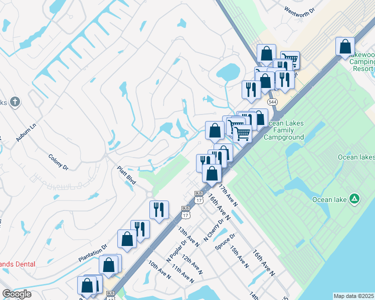 map of restaurants, bars, coffee shops, grocery stores, and more near 1703 Fawn Vista Drive North in Myrtle Beach