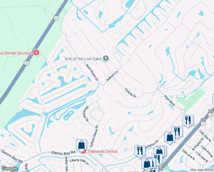 map of restaurants, bars, coffee shops, grocery stores, and more near 1890E Auburn Lane in Surfside Beach