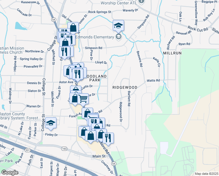 map of restaurants, bars, coffee shops, grocery stores, and more near 1230 Lloyd Drive in Forest Park