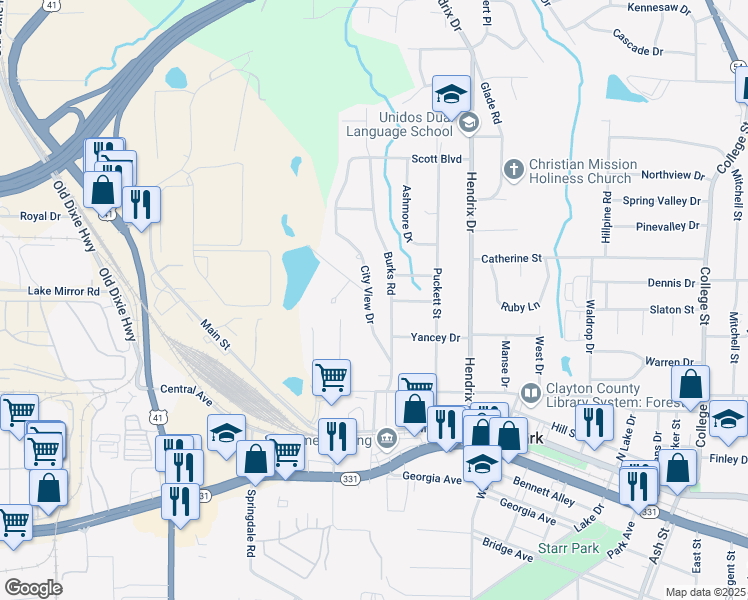 map of restaurants, bars, coffee shops, grocery stores, and more near 4684 City View Drive in Forest Park