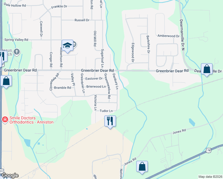 map of restaurants, bars, coffee shops, grocery stores, and more near 1615 Greenmeadow Road in Anniston