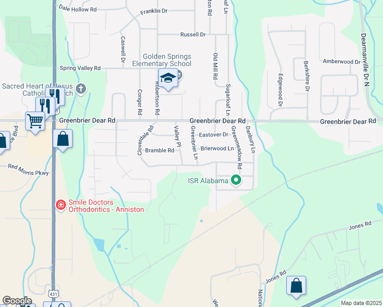 map of restaurants, bars, coffee shops, grocery stores, and more near 1500 Greenbrier Ln in Anniston