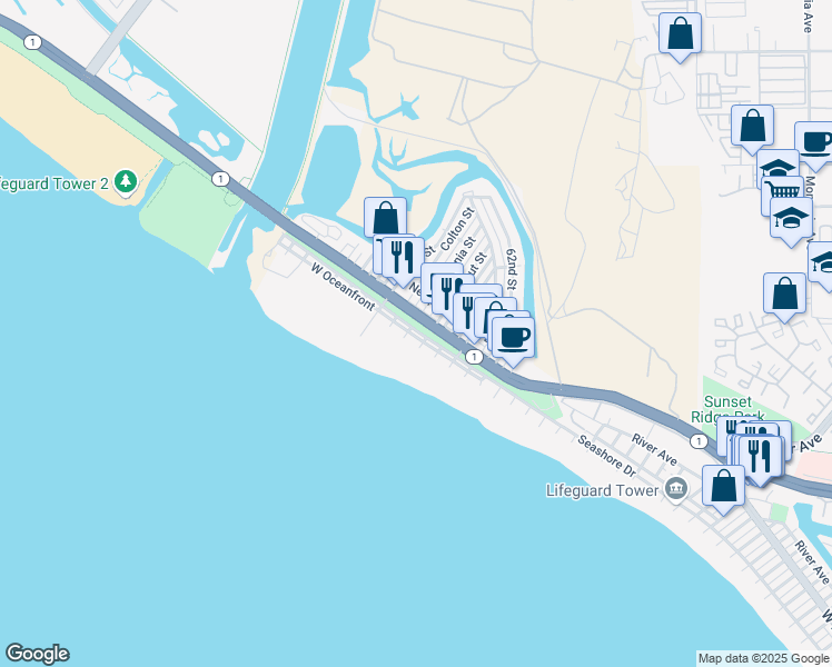 map of restaurants, bars, coffee shops, grocery stores, and more near 6507 Seashore Drive in Newport Beach