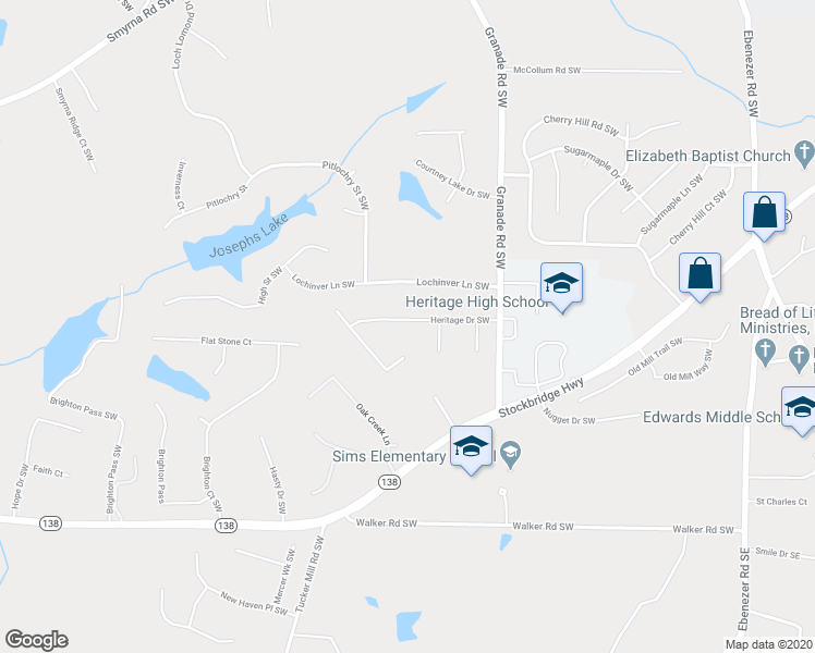 map of restaurants, bars, coffee shops, grocery stores, and more near 1914 Heritage Drive Southwest in Conyers