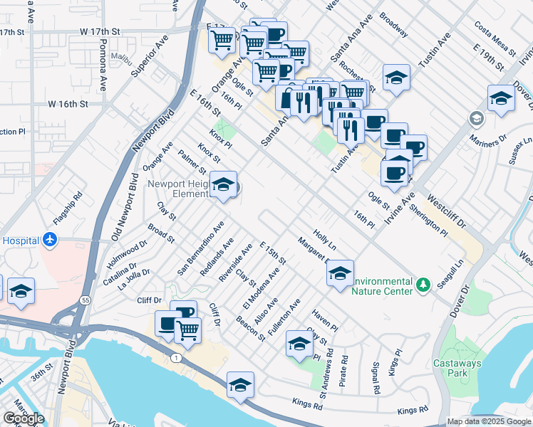 map of restaurants, bars, coffee shops, grocery stores, and more near 365 La Perle Lane in Costa Mesa
