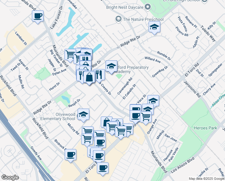 map of restaurants, bars, coffee shops, grocery stores, and more near 23088 Dune Mear Road in Lake Forest