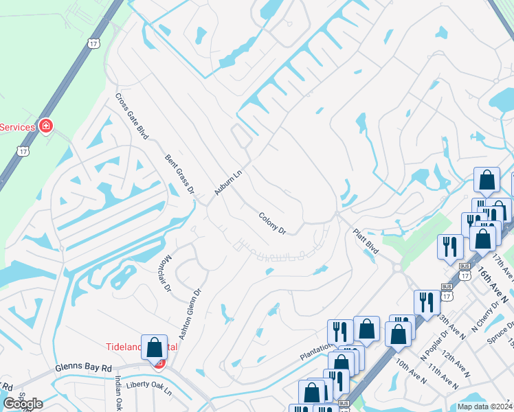 map of restaurants, bars, coffee shops, grocery stores, and more near 1880 Colony Drive in Surfside Beach