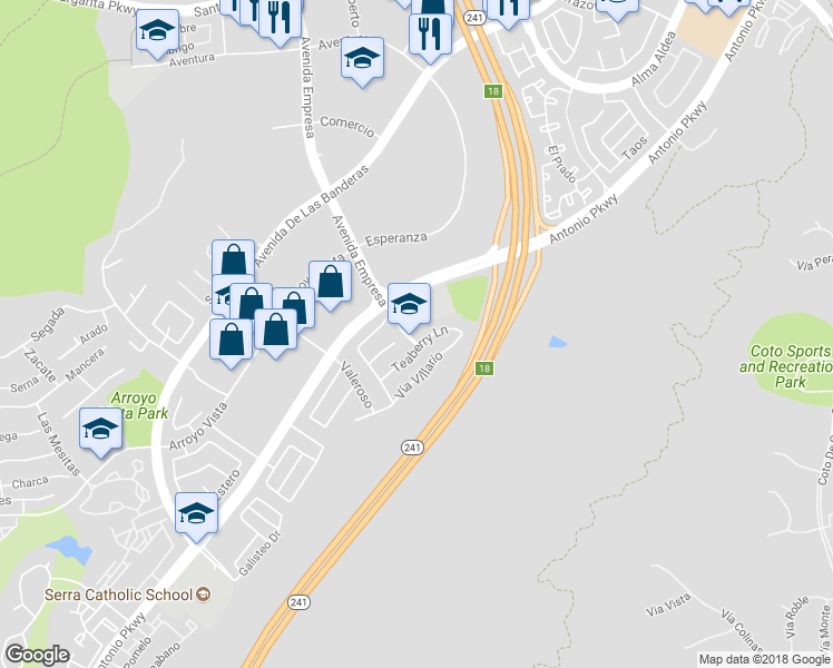 map of restaurants, bars, coffee shops, grocery stores, and more near 29 Teaberry Lane in Rancho Santa Margarita