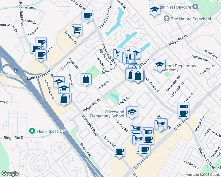 map of restaurants, bars, coffee shops, grocery stores, and more near 24182 Fortune Drive in Lake Forest