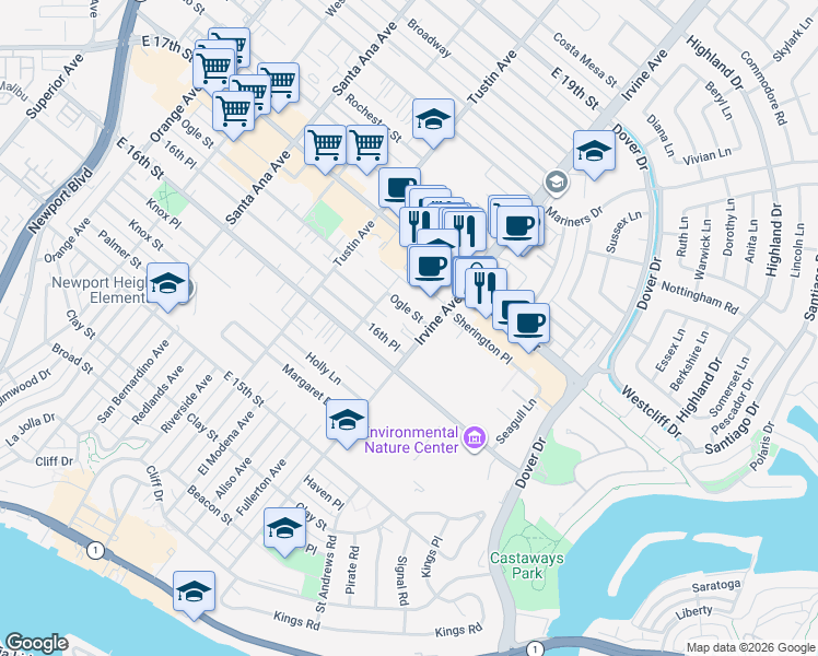 map of restaurants, bars, coffee shops, grocery stores, and more near 1637 Irvine Avenue in Costa Mesa