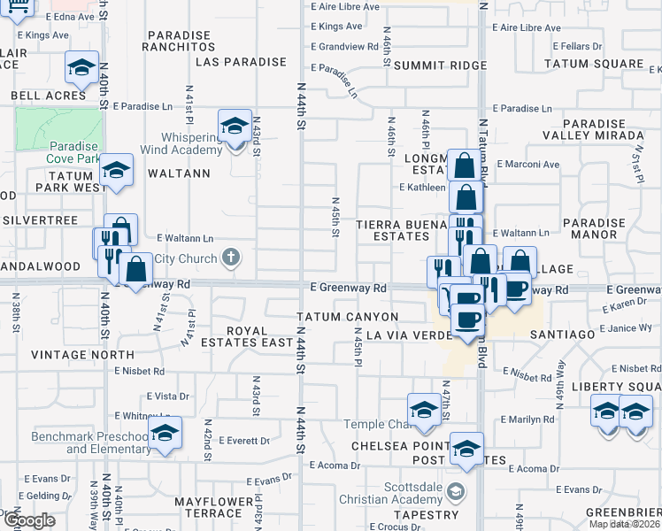 map of restaurants, bars, coffee shops, grocery stores, and more near 4424 East Beck Lane in Phoenix