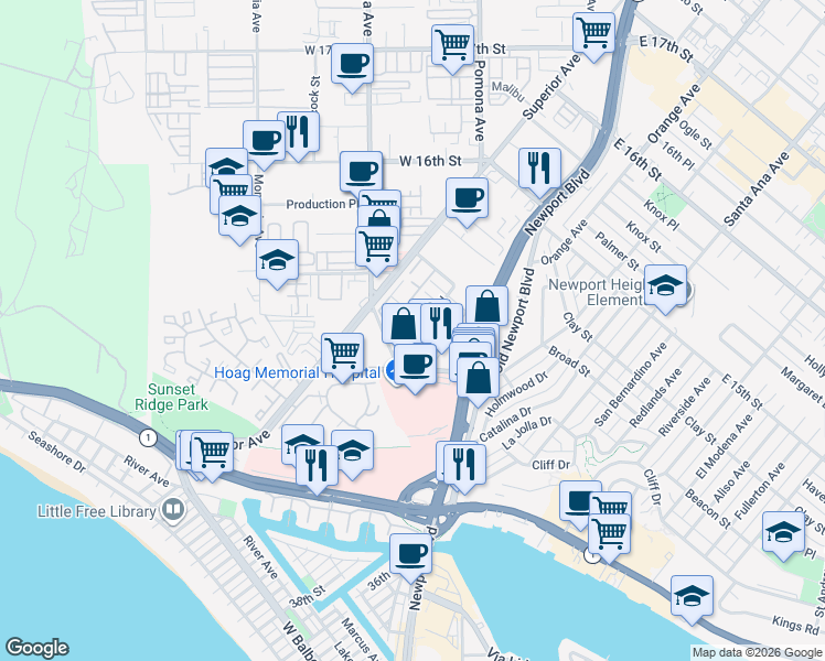 map of restaurants, bars, coffee shops, grocery stores, and more near 407 Flagship Road in Newport Beach