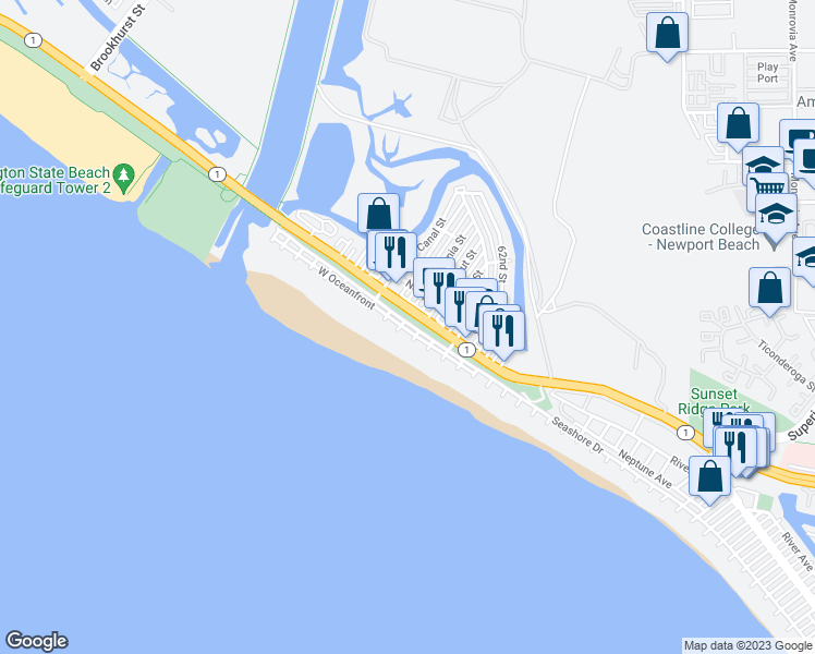 map of restaurants, bars, coffee shops, grocery stores, and more near 6507 Seashore Drive in Newport Beach