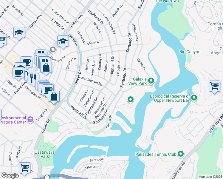 map of restaurants, bars, coffee shops, grocery stores, and more near 1000 Nottingham Road in Newport Beach