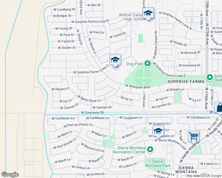 map of restaurants, bars, coffee shops, grocery stores, and more near 18112 West Ivy Lane in Surprise
