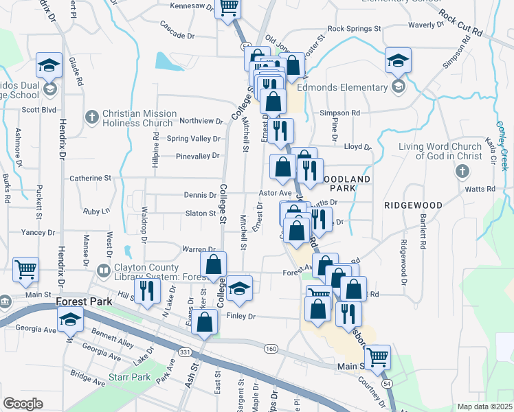 map of restaurants, bars, coffee shops, grocery stores, and more near 4673 Ernest Drive in Forest Park