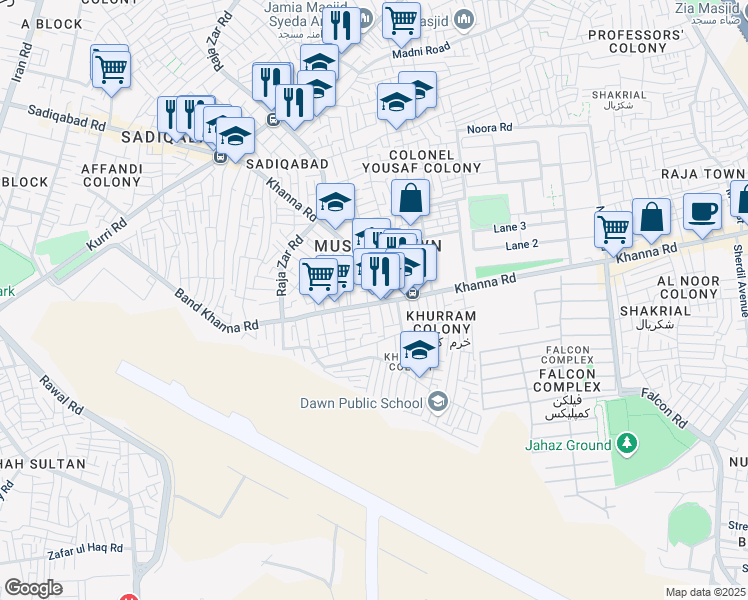 map of restaurants, bars, coffee shops, grocery stores, and more near Band Khanna Road in Rawalpindi