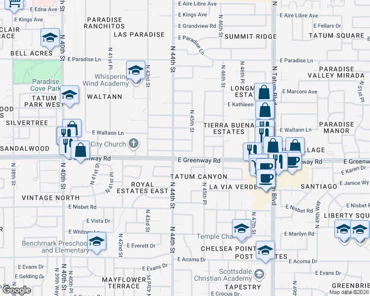map of restaurants, bars, coffee shops, grocery stores, and more near 4424 East Beck Lane in Phoenix