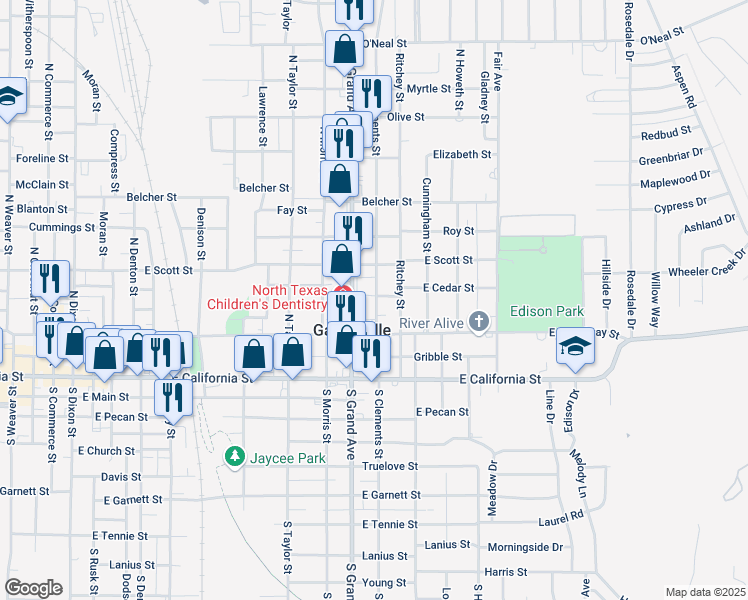 map of restaurants, bars, coffee shops, grocery stores, and more near 335 North Clements Street in Gainesville
